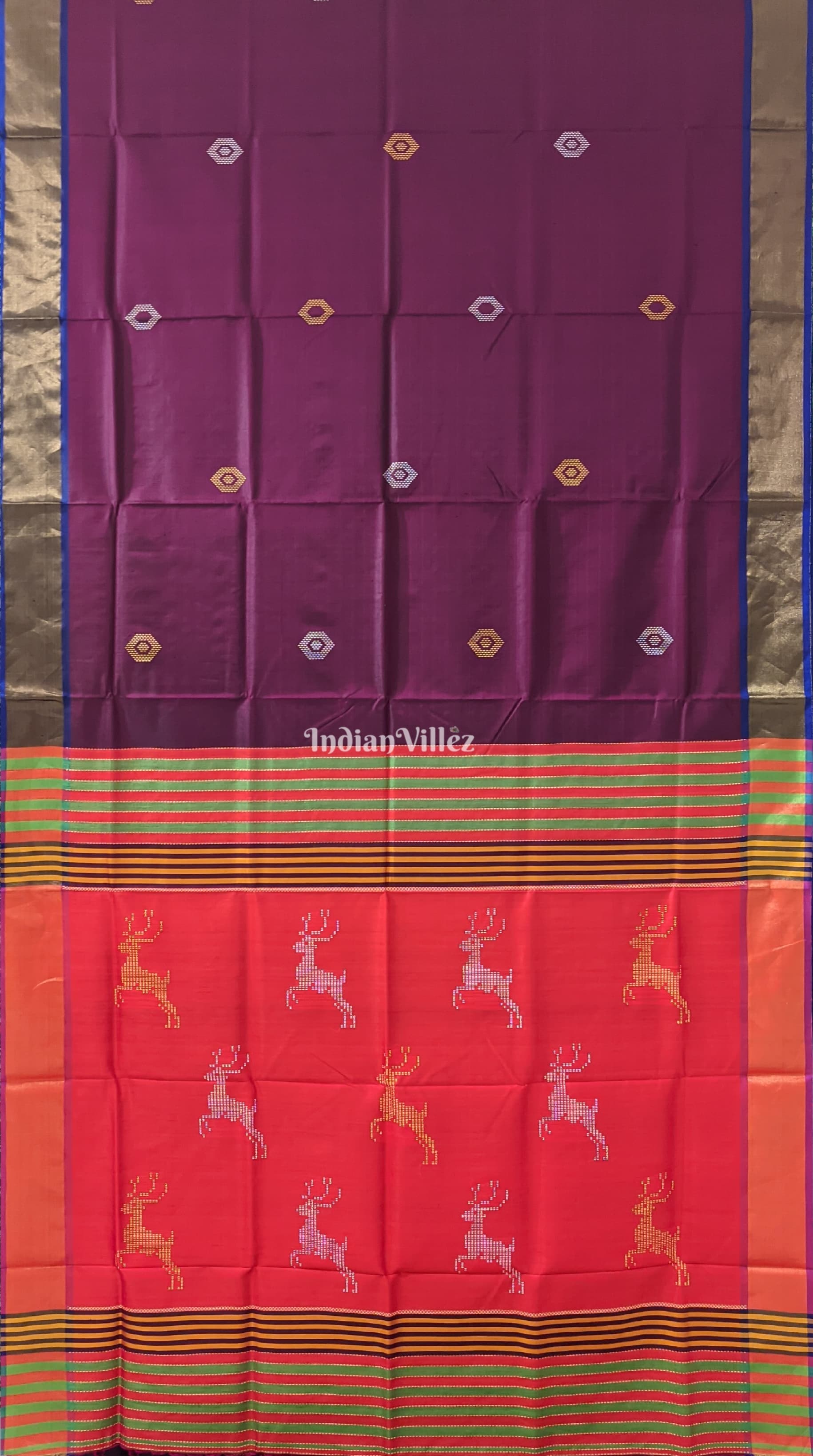 Wine with Orange Handwoven Soft Silk Saree