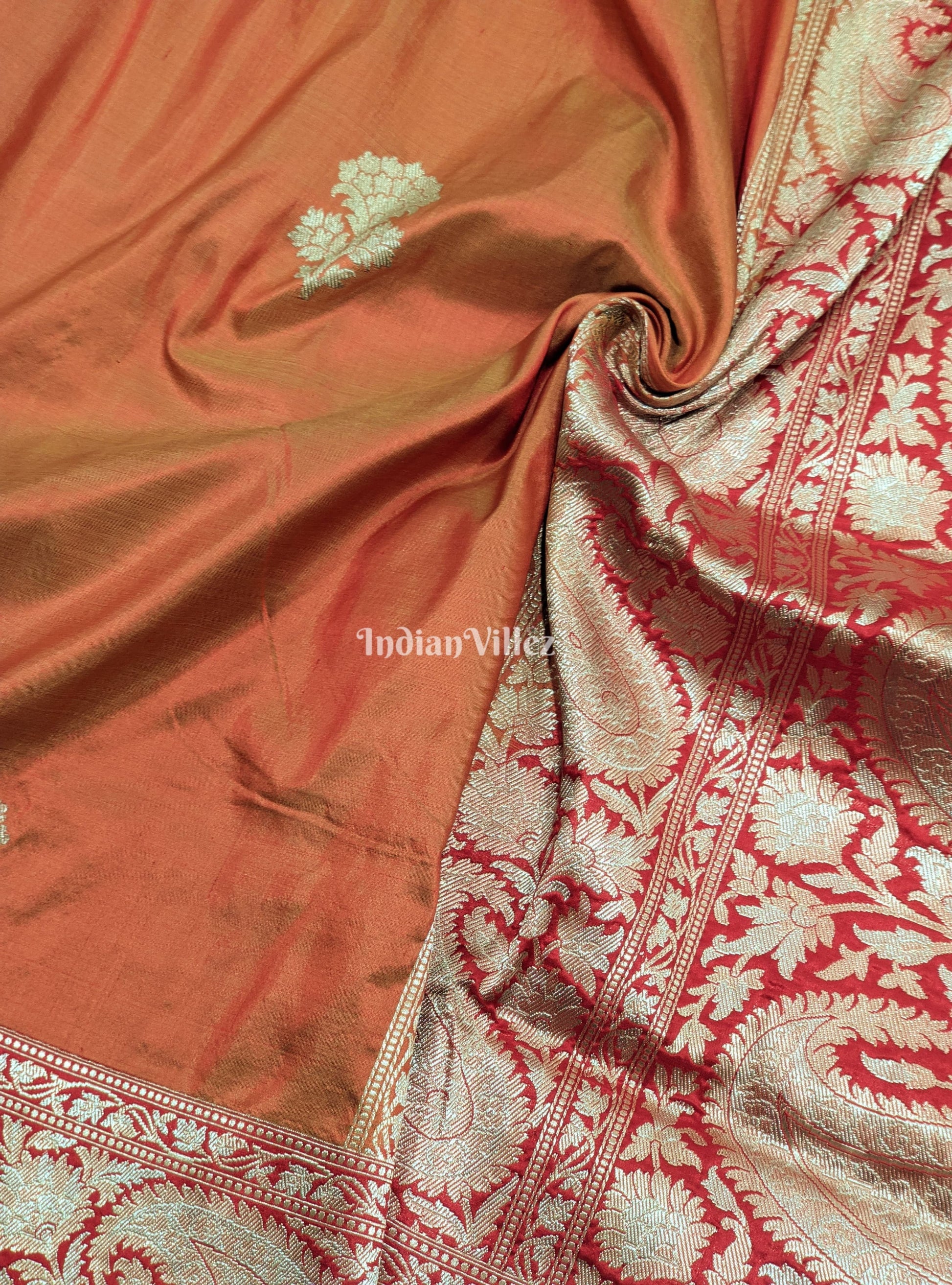 Orange Dual Tone Floral Motif Designer Banarasi Silk Saree