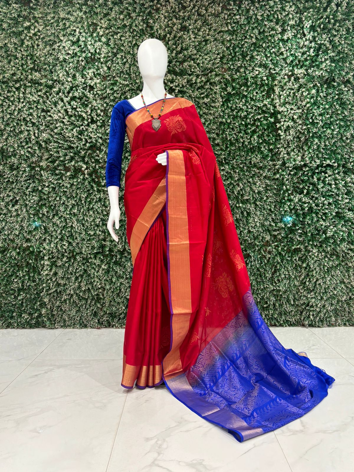 Red With Blue Pure South Soft Silk Saree