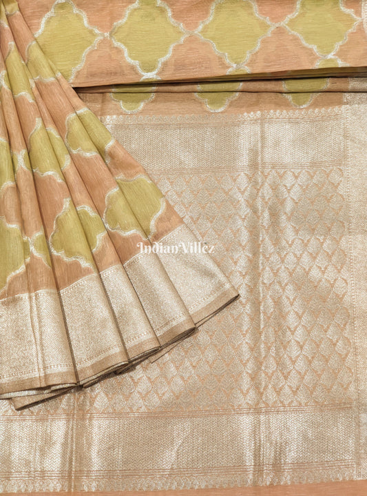 Lemon Peach Zari Woven Banarasi Tissue Saree