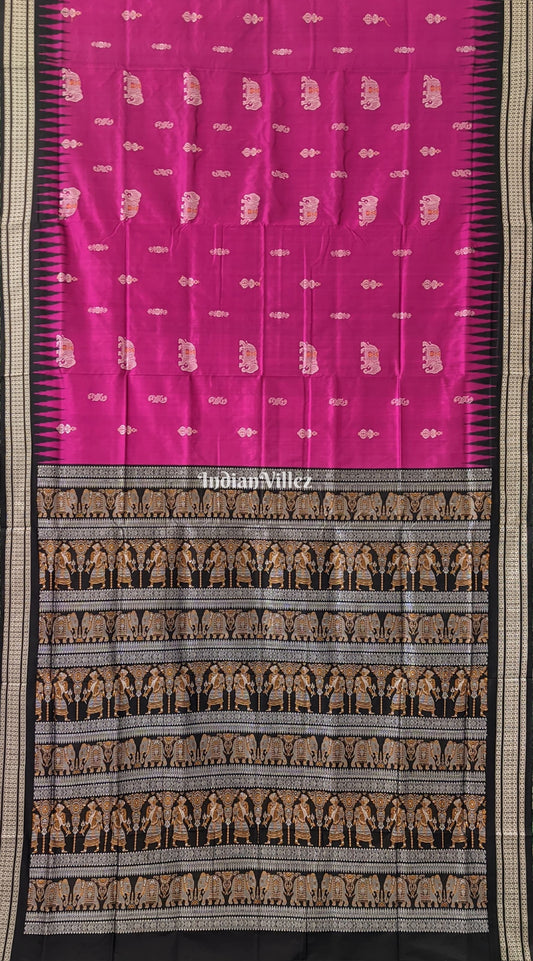 Magenta Elephant and Tribal Dance Bomkai Sambalpuri Silk Saree