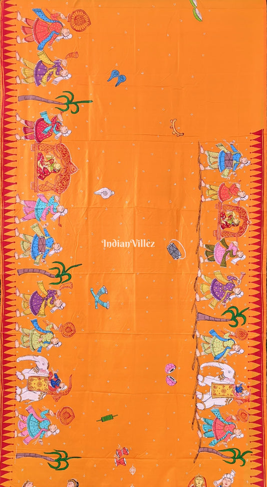 Orange Color Doli Barat Theme Pattachitra Art Silk Saree