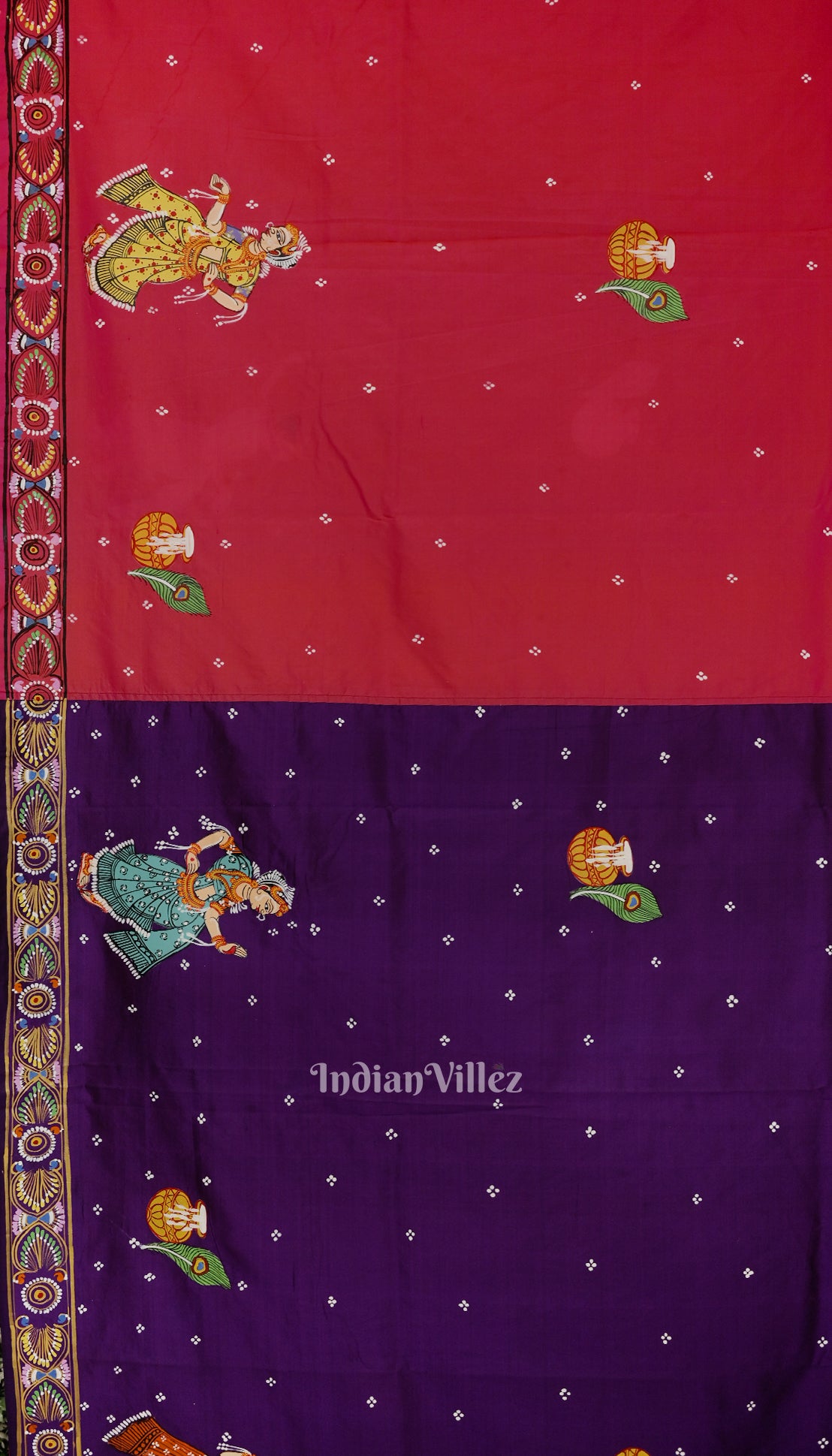 Purple Red Rasaleela Theme Hand-Painted Pattachitra Saree