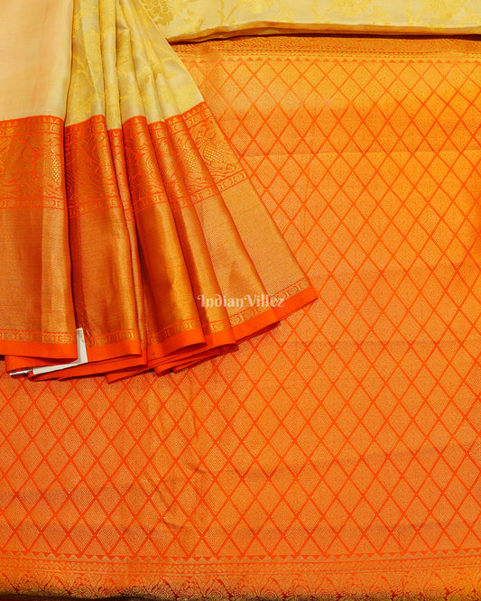 Cream With Orange Border Pure Kanjivaram Silk Saree