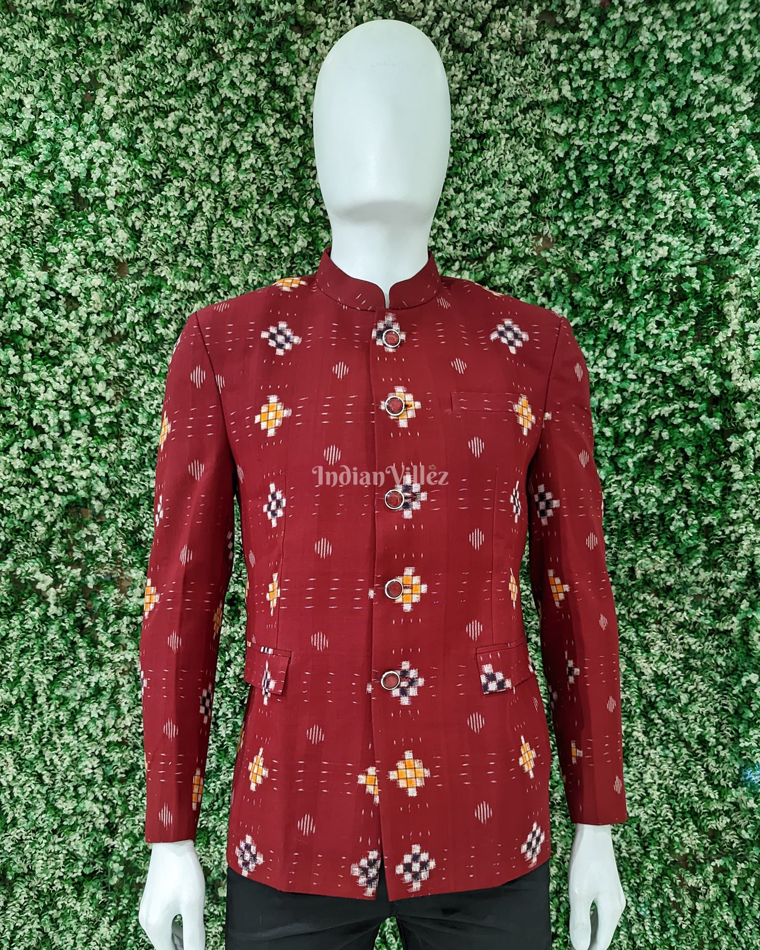 Red Jodhpuri bandhgala Odisha Ikat Casual Blazer With Pasapali Theme