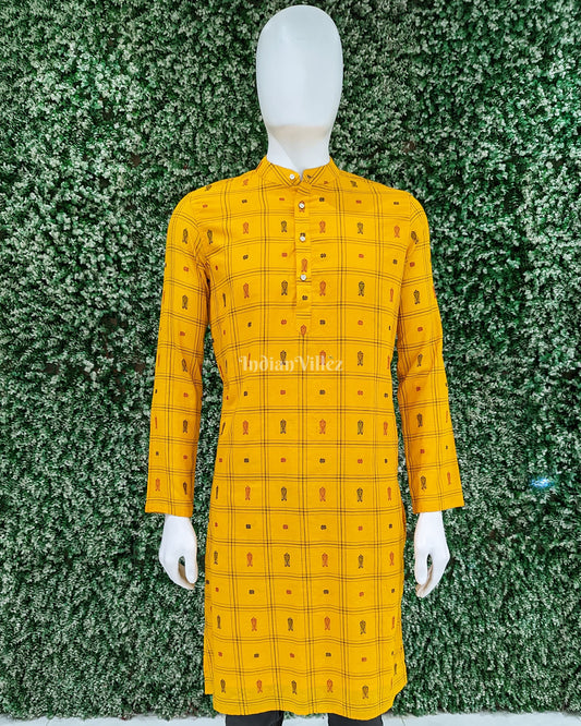 Yellow Fish Butta Motif Bomkai Odisha Ikat Cotton Long Kurta For Men