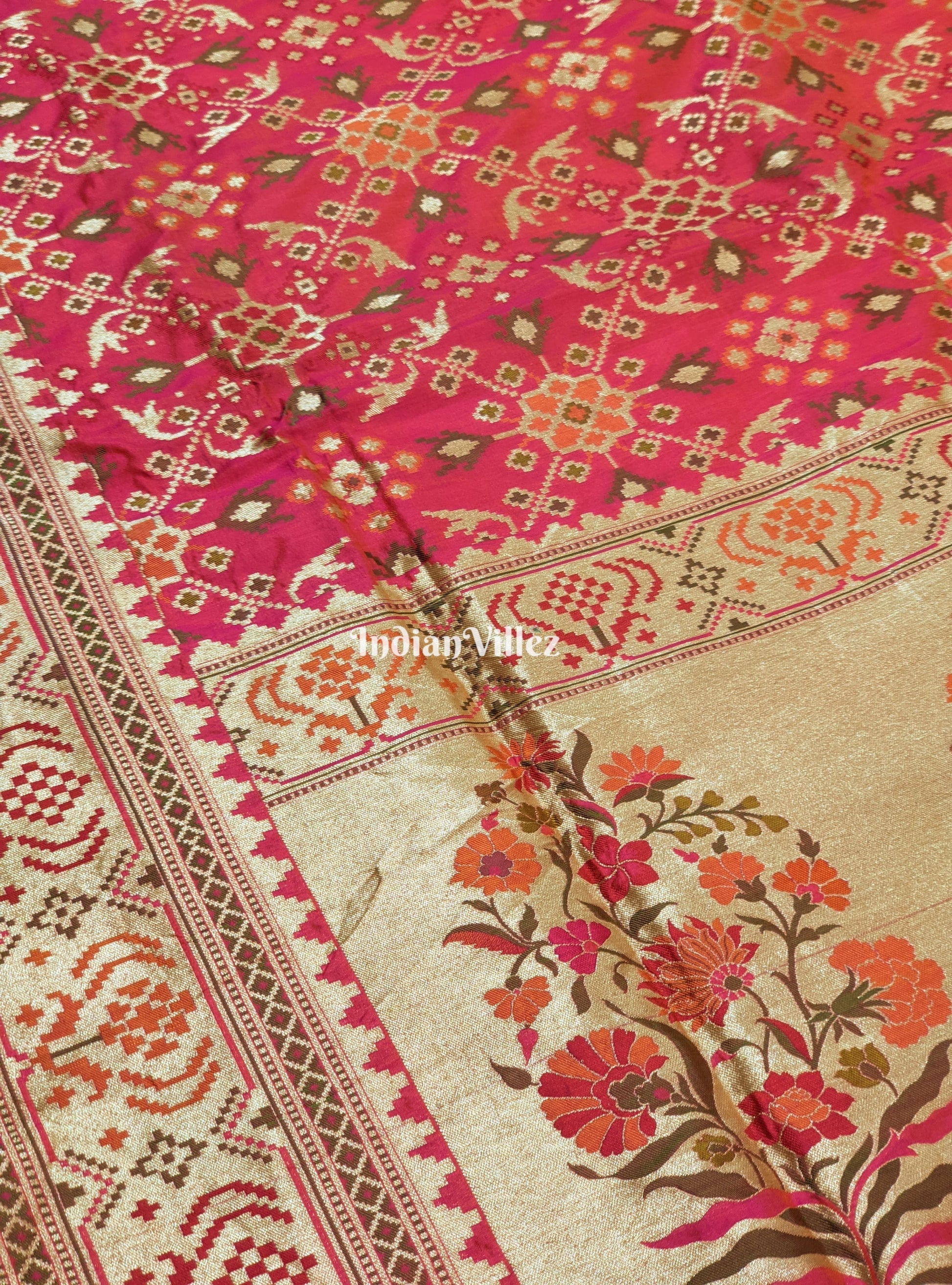 Rani Pink Patola Theme Banarasi Katan Saree