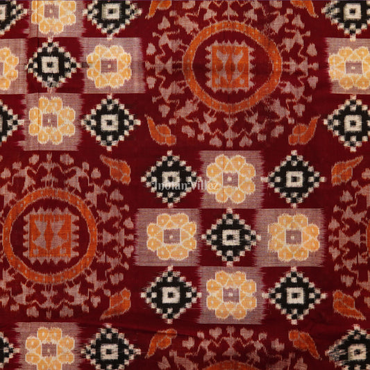 Red Tribal Art With Pasapali Theme Sambalpuri Ikat Cotton Fabric