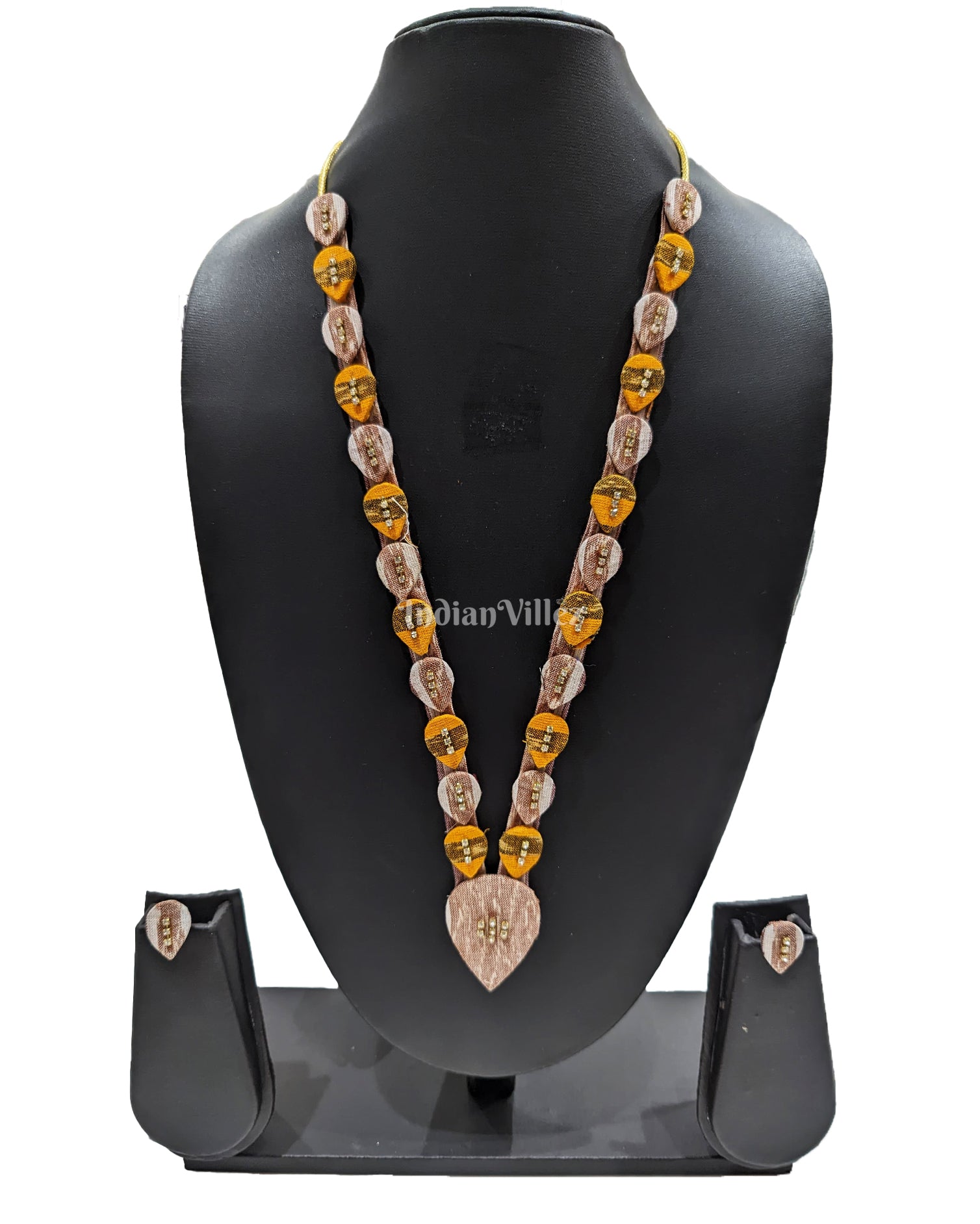 Beige Yellow Long  Sambalpuri Fabric Choker Jewellery - Necklace & Earrings Set