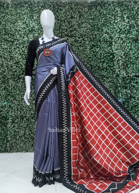 Ash Gray with Red Check Pallu Contemporary Silk Saree