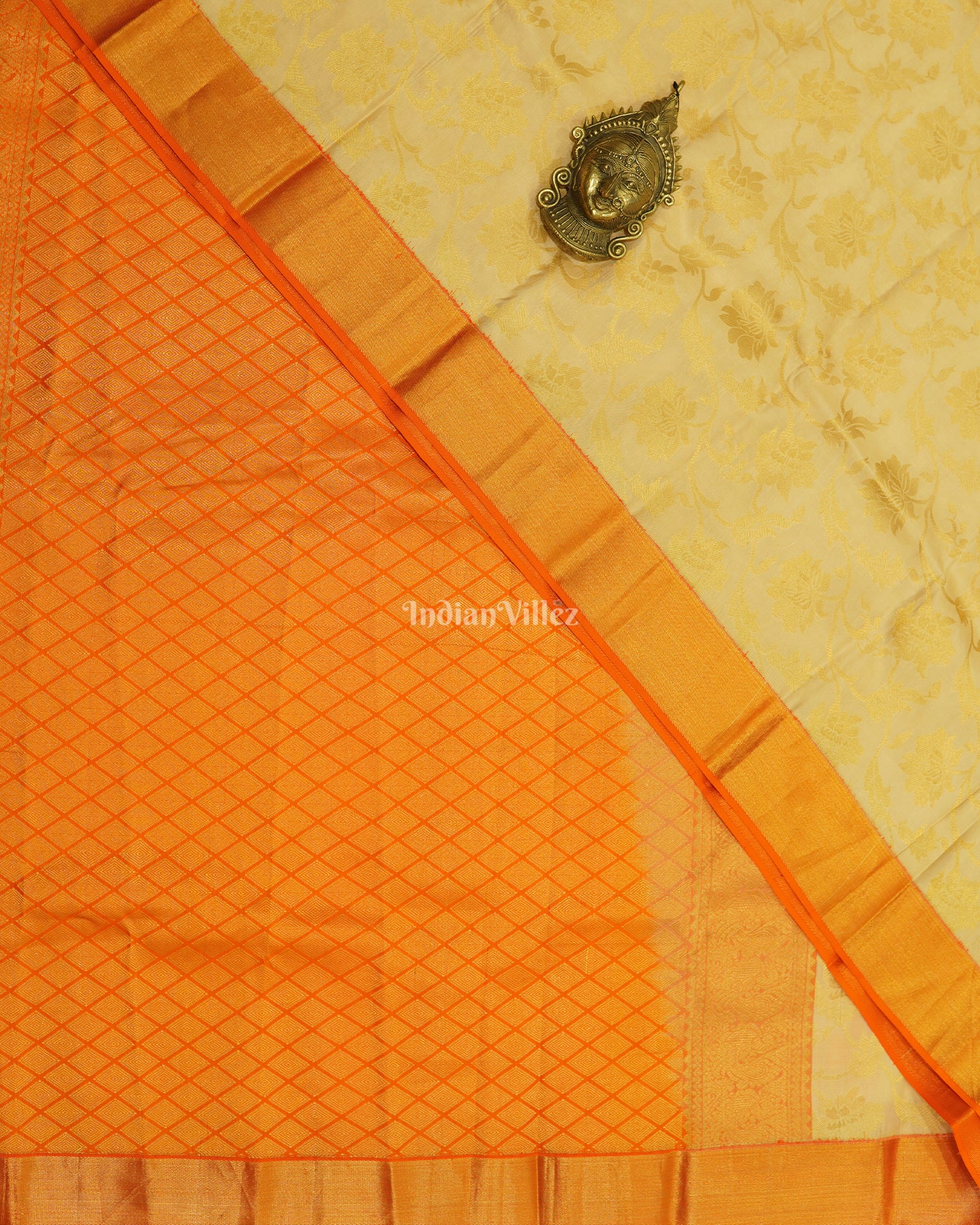 Cream With Orange Border Pure Kanjivaram Silk Saree