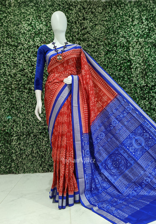 Red with Royal Blue Odisha Ikat Sambalpuri Silk Saree