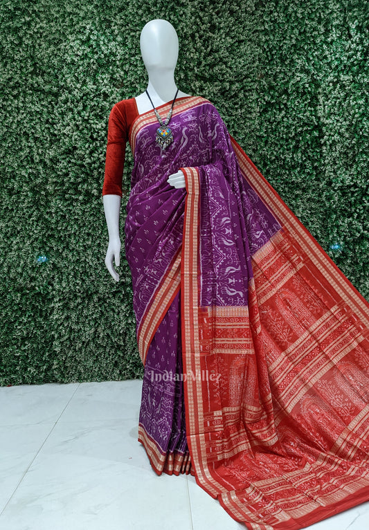 Purple Red Tribal Body Anchal Sambalpuri Silk Saree