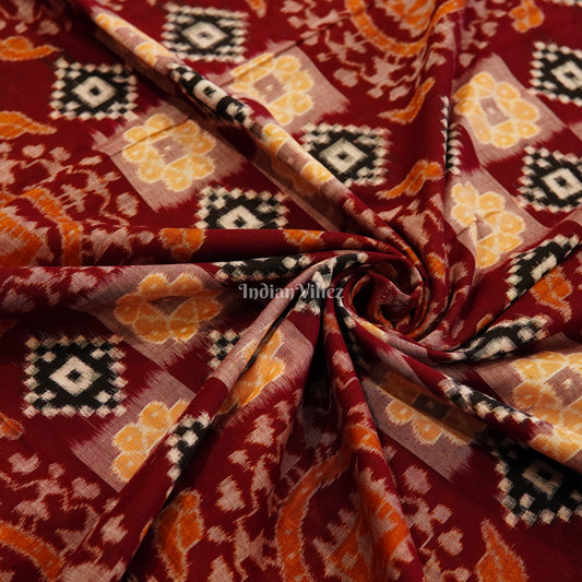 Red Tribal Art With Pasapali Theme Sambalpuri Ikat Cotton Fabric