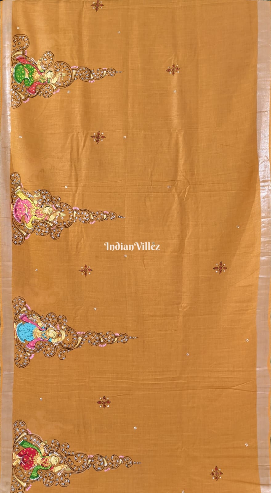 Peach Radha Krishna Pattachitra Saree with Zari Border