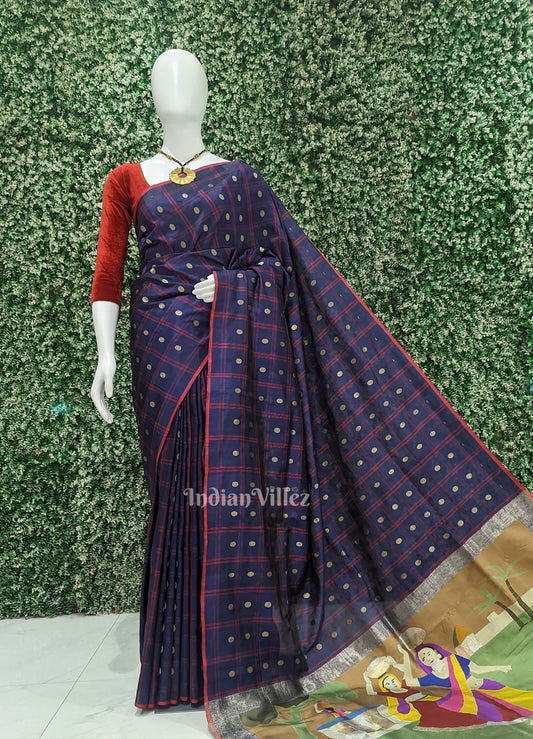 Indigo Blue Designer Ravi Verma Painting  Katan Banarasi Silk Saree