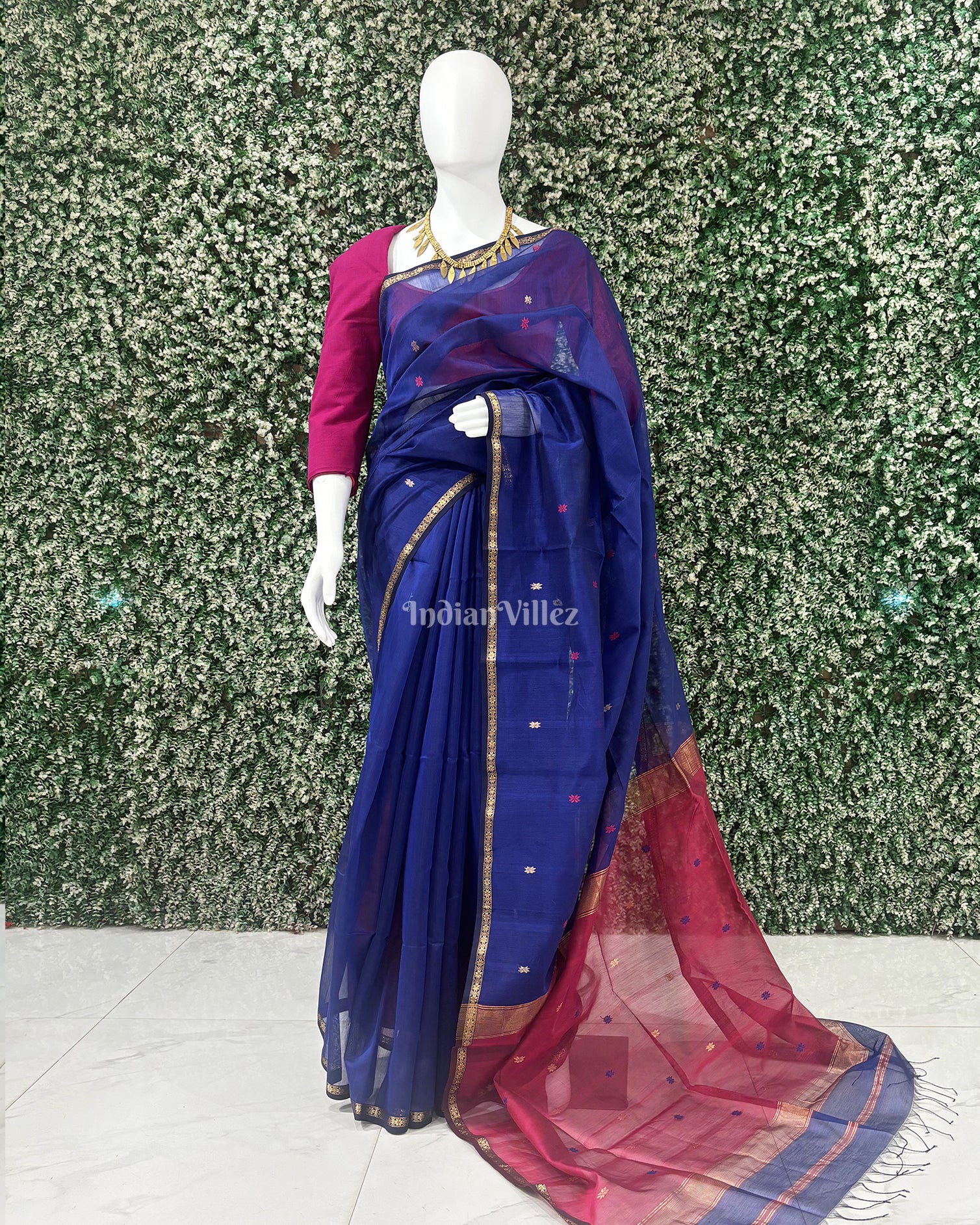 Blue Red Butta Design Maheshwari Handloom Cotton*Silk Saree