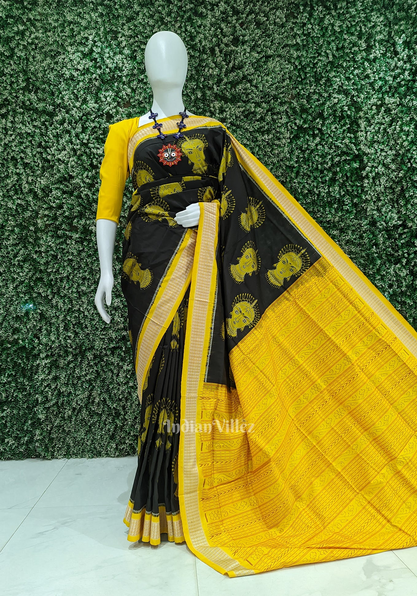 Black Yellow Nartaki Face Head Sambalpuri Ikat Silk Saree