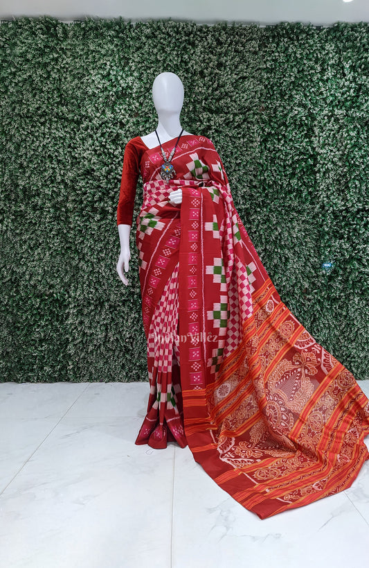 Red Rani Pasapali Theme Odisha Ikat Contemporary Silk Saree