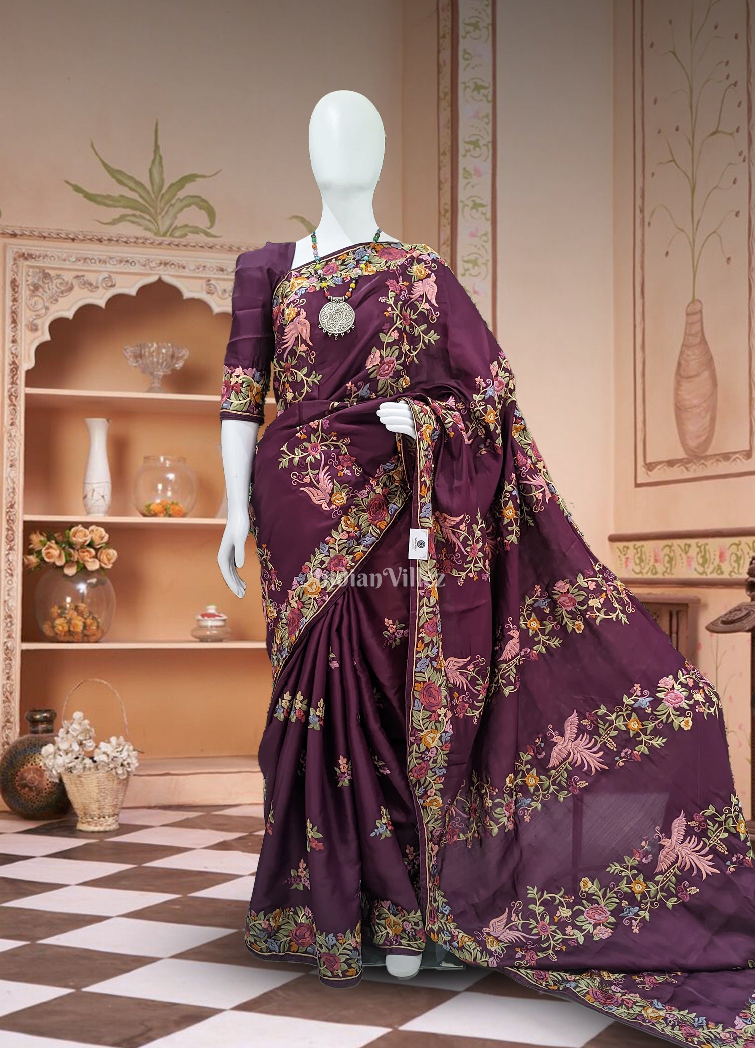 Maroon Parsi Gara Floral Motif Hand Embroidered Saree