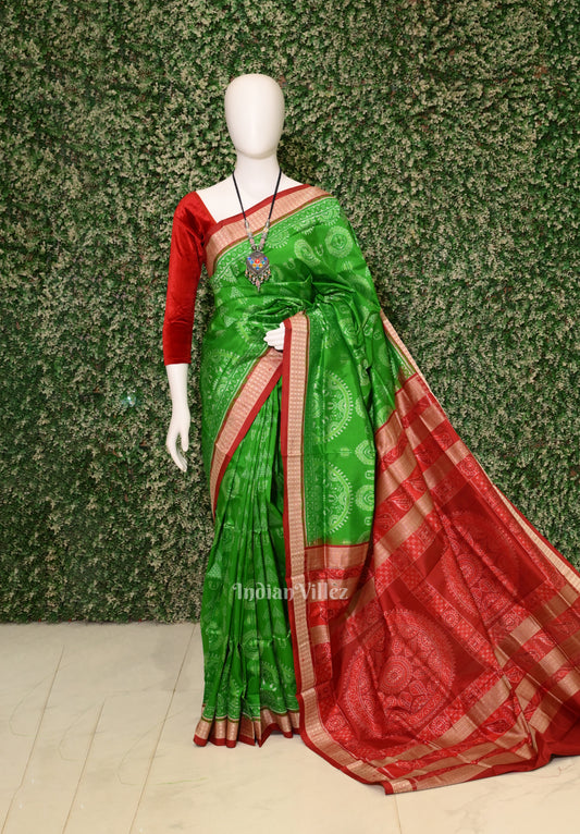 Green Odisha Ikat Laxmi Pada Jhoti Theme Sambalpuri Silk Saree