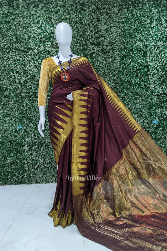 Coffee with Golden Zari (Tissue) Phoda Kumbha Sambalpuri Silk Saree