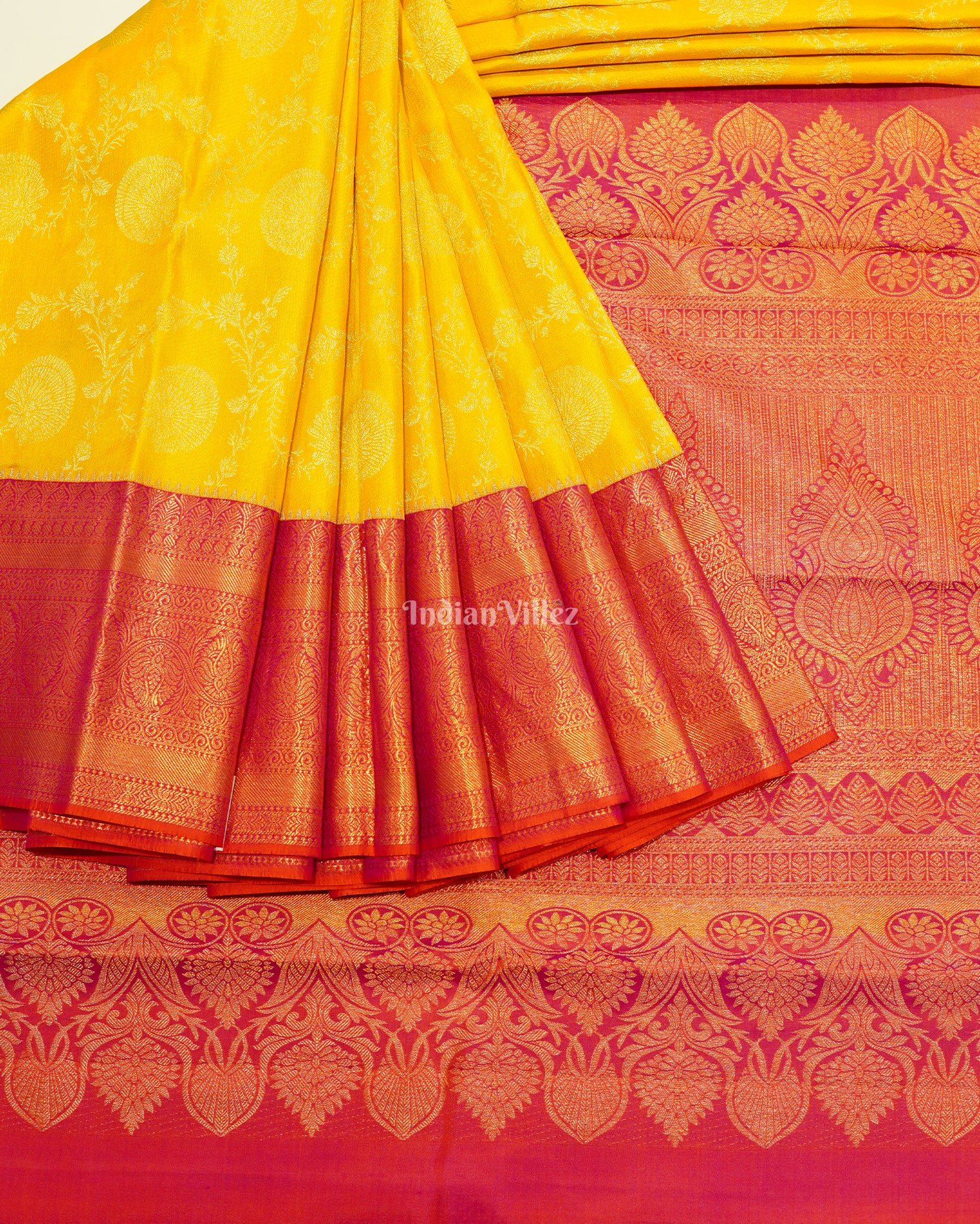 Yellow Pink Pure Kanjivaram Silk Saree