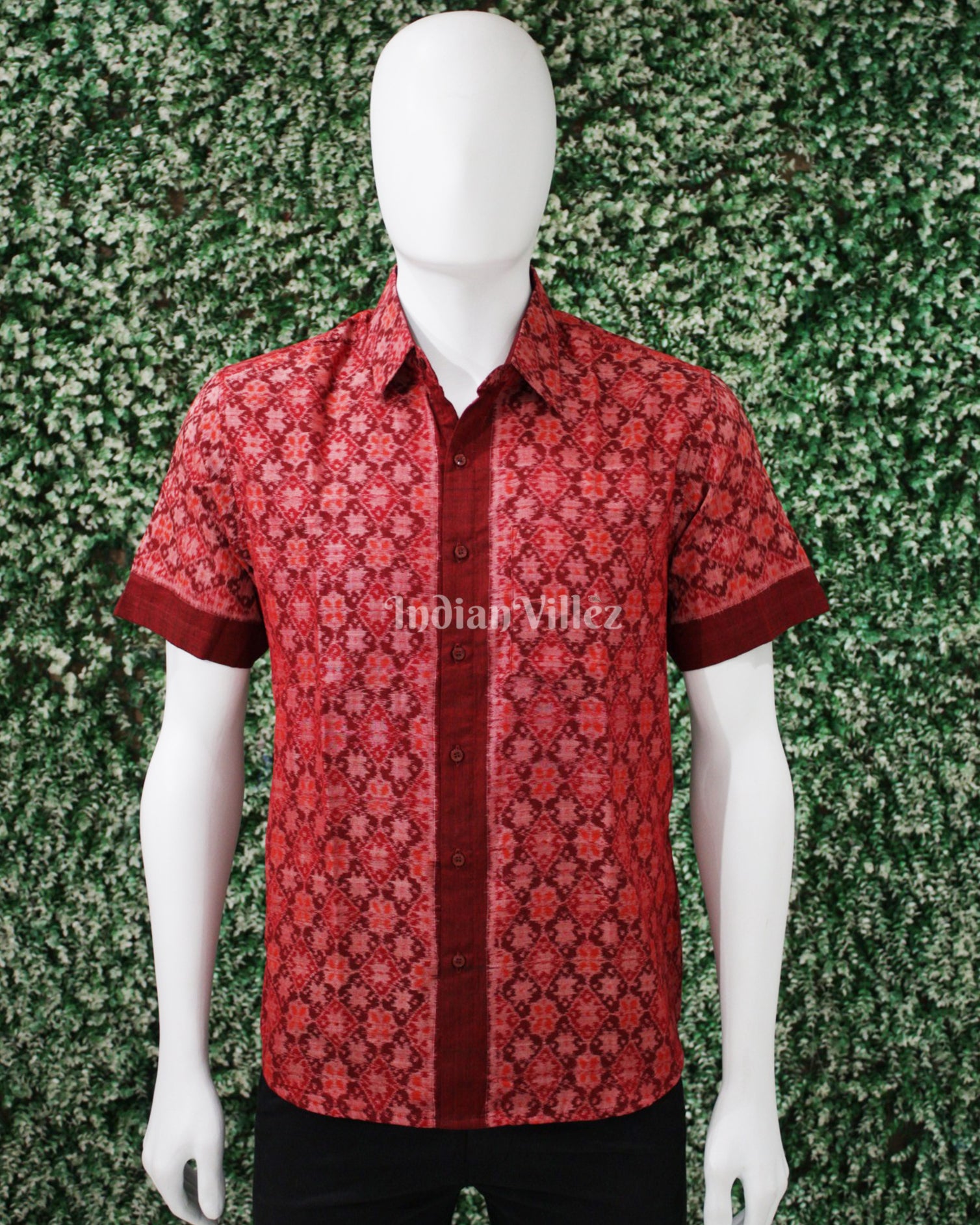 Red Odisha Ikat Cotton Half Sleeve Shirt for Men