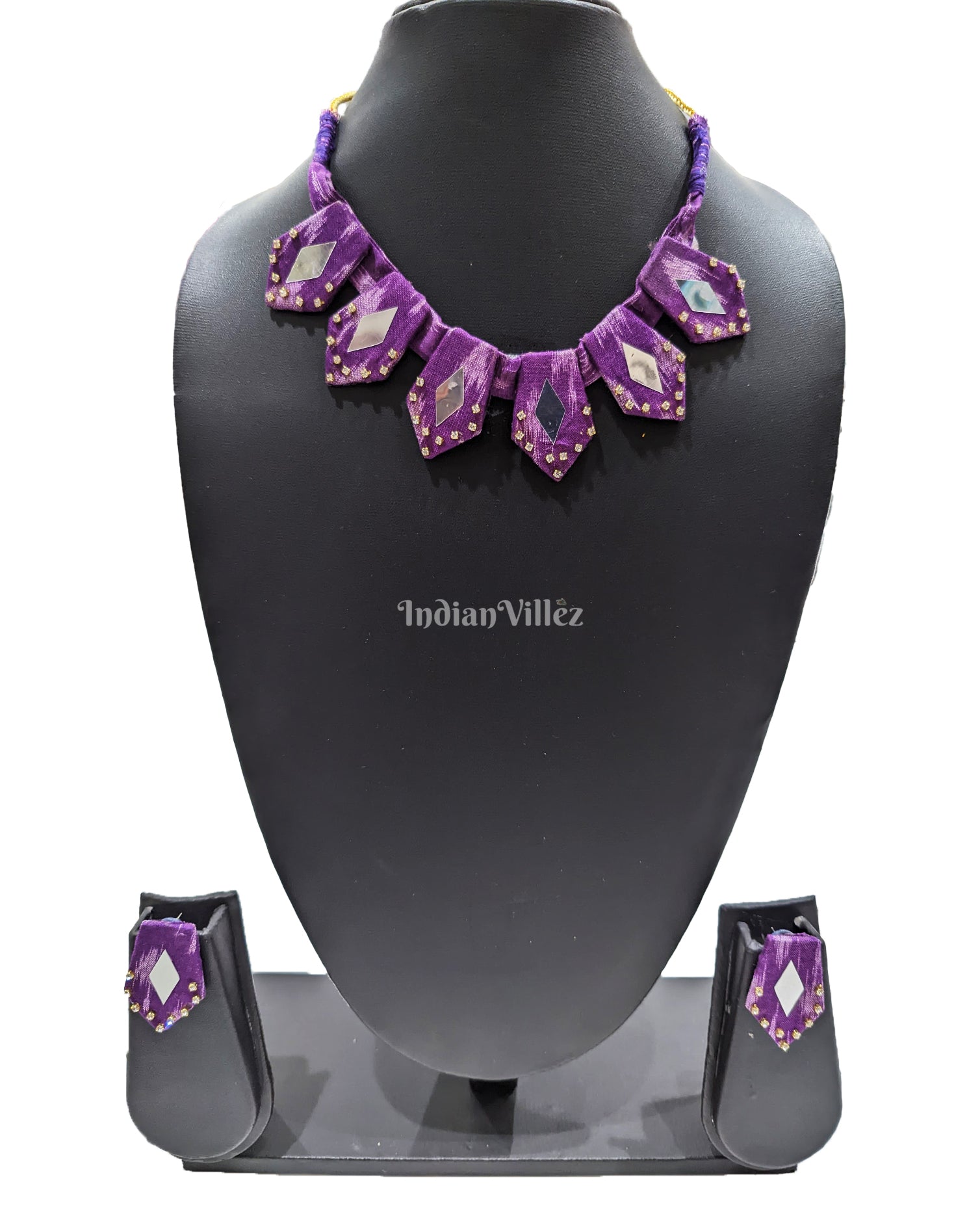 Purple Stone Stitching Sambalpuri Fabric Choker Jewellery - Necklace & Earrings Set