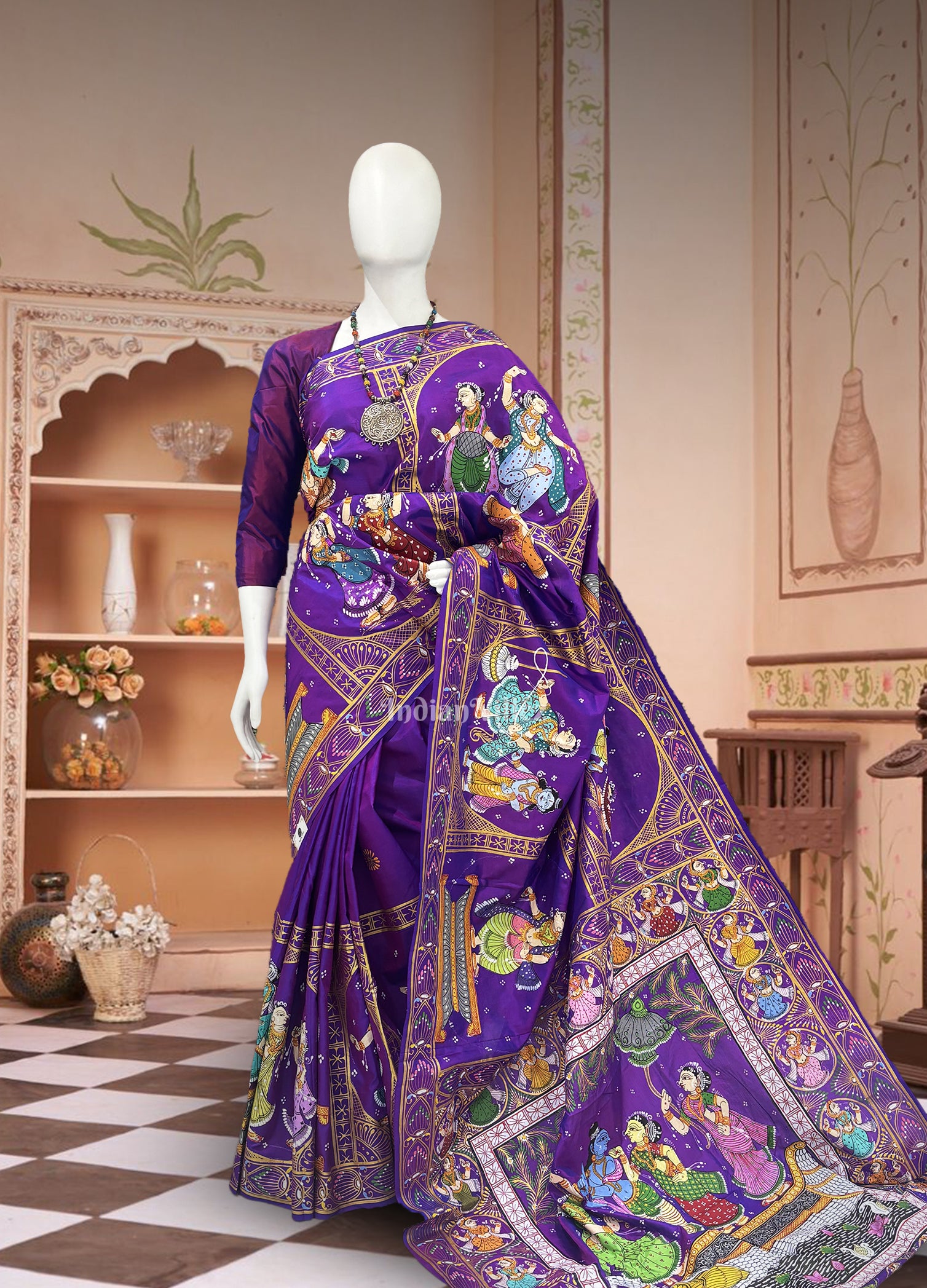 Purple Dual Tone Radha Krishna Boita Theme Hand-Painted Pattachitra Saree