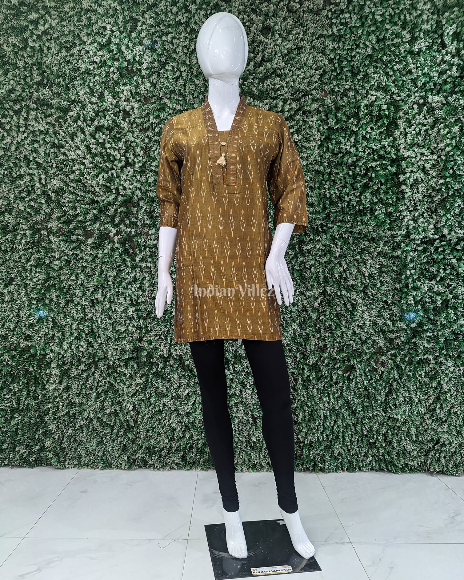 Golden Green Pochampally Ikat Designer Cotton Short Kurti