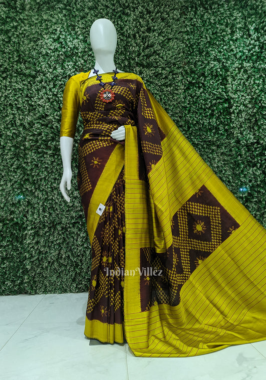 Coffee with Mustard Yellow Odisha Handloom Tarabali Contemporary Silk Saree