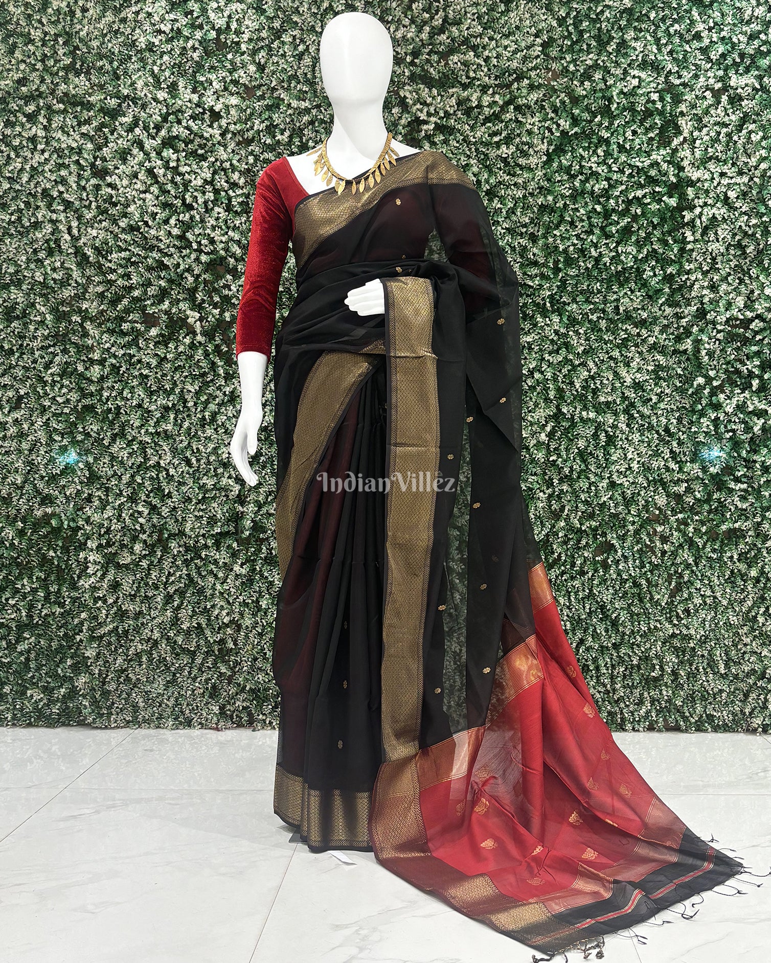 Black Flower Butta Design Maheshwari Handloom Cotton*Silk Saree