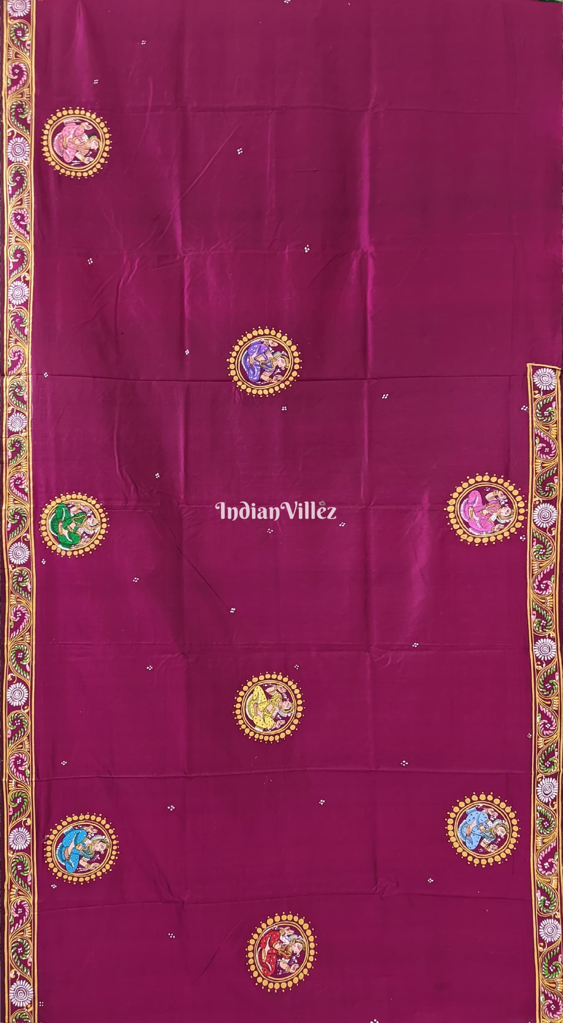 Wine Radha Krishna Boita Pattachitra Silk Saree