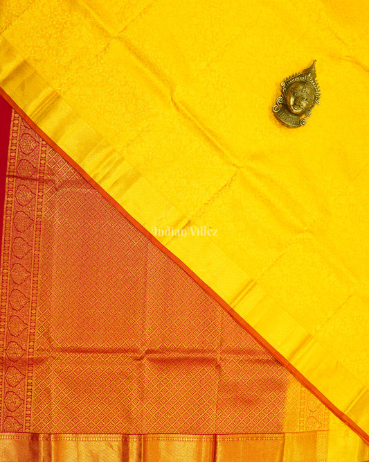 Golden Yellow Flower Motif Pure Kanjivaram Silk Saree