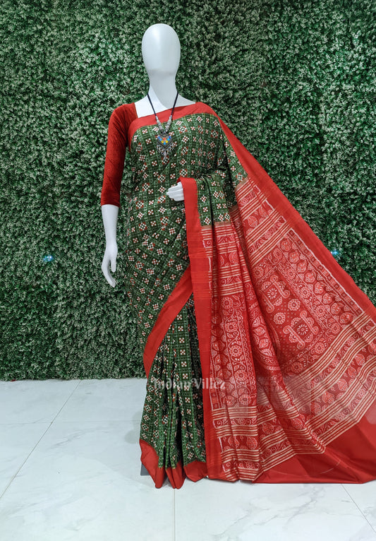 Green Red Pasapali Theme Sambalpuri Silk Saree