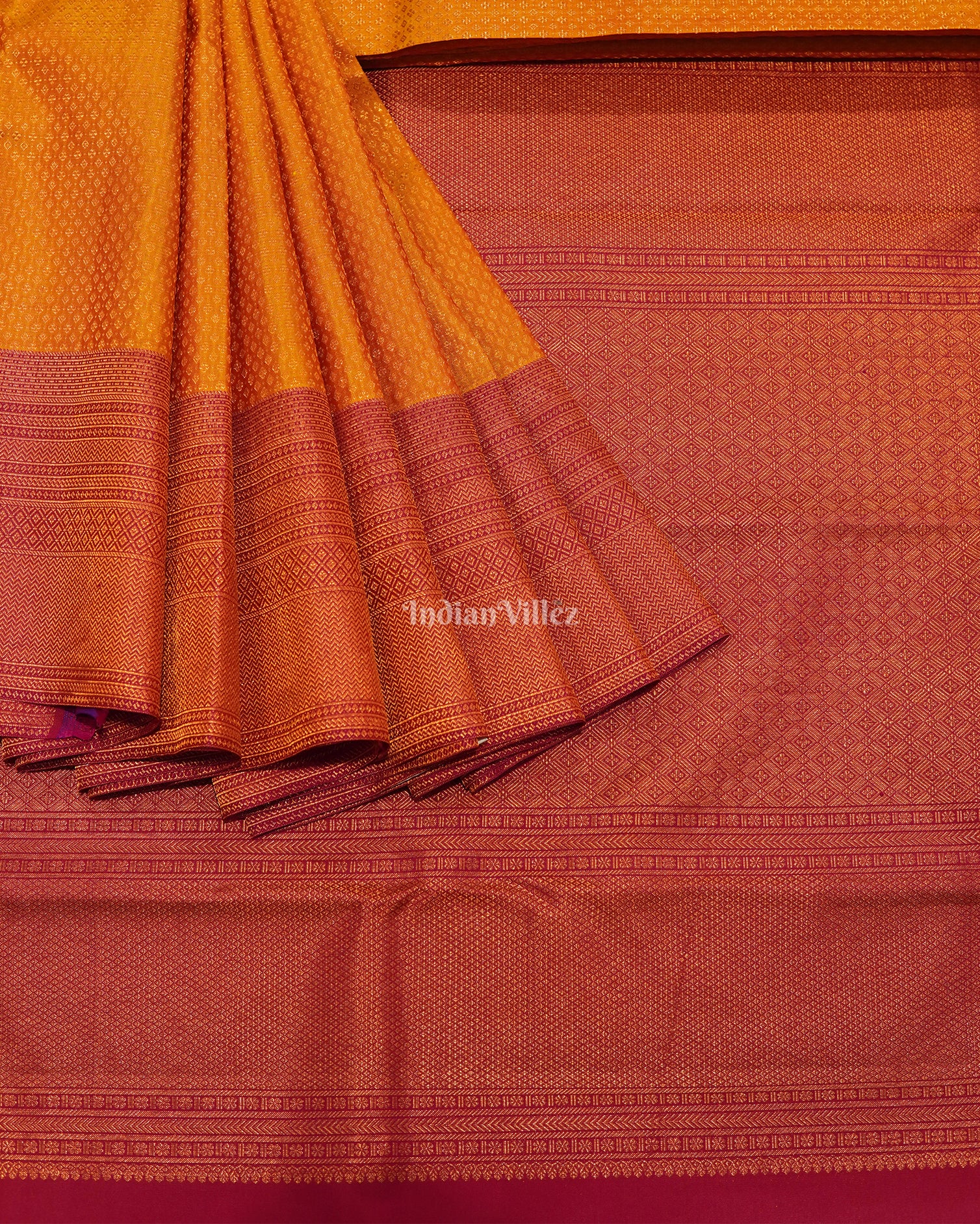 Mustard Yellow With Rani Border Kanjivaram Silk Saree