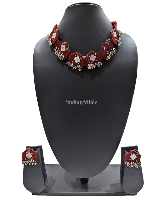 Maroon Silver Beads Sambalpuri Fabric Choker Jewellery - Necklace & Earrings Set 