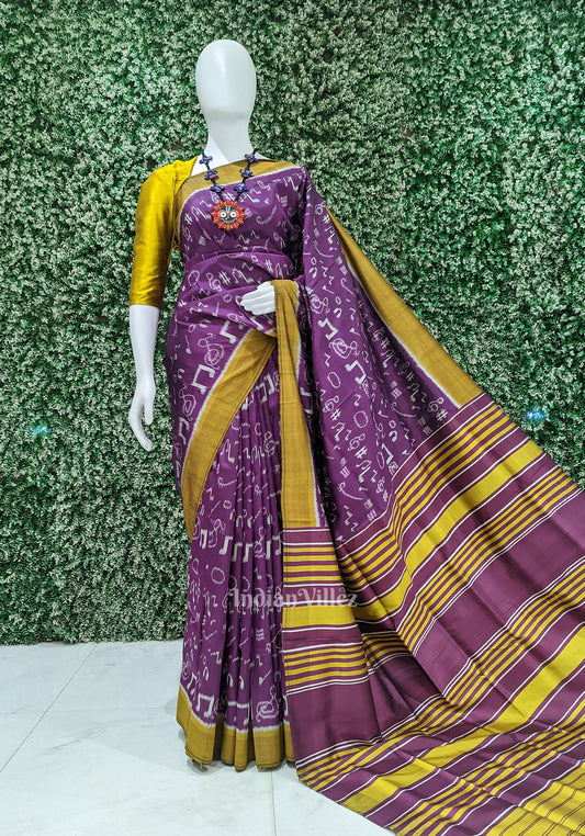 Purple with Mustard yellow Music Instrumental Theme Ikat Silk Saree