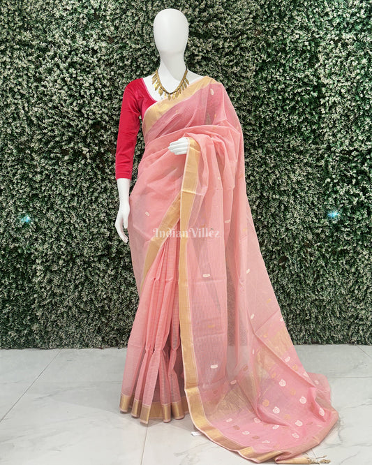 Peach Pure Silk Cotton Maheshwari Saree with Zari Border