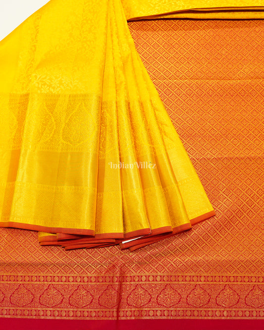 Golden Yellow Flower Motif Pure Kanjivaram Silk Saree