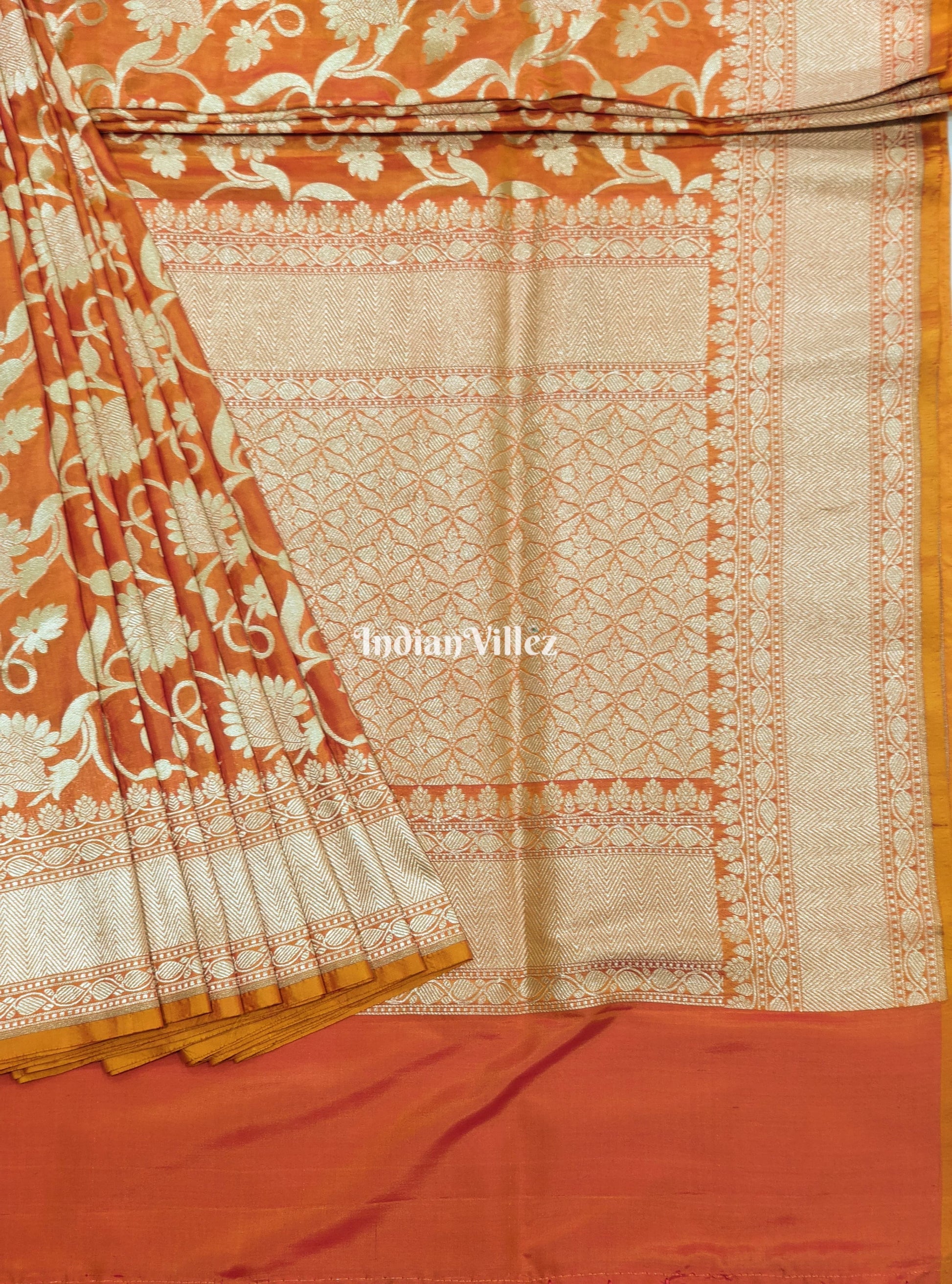 Orange Yellow Floral Motif Designer Katan Silk Banarasi Saree