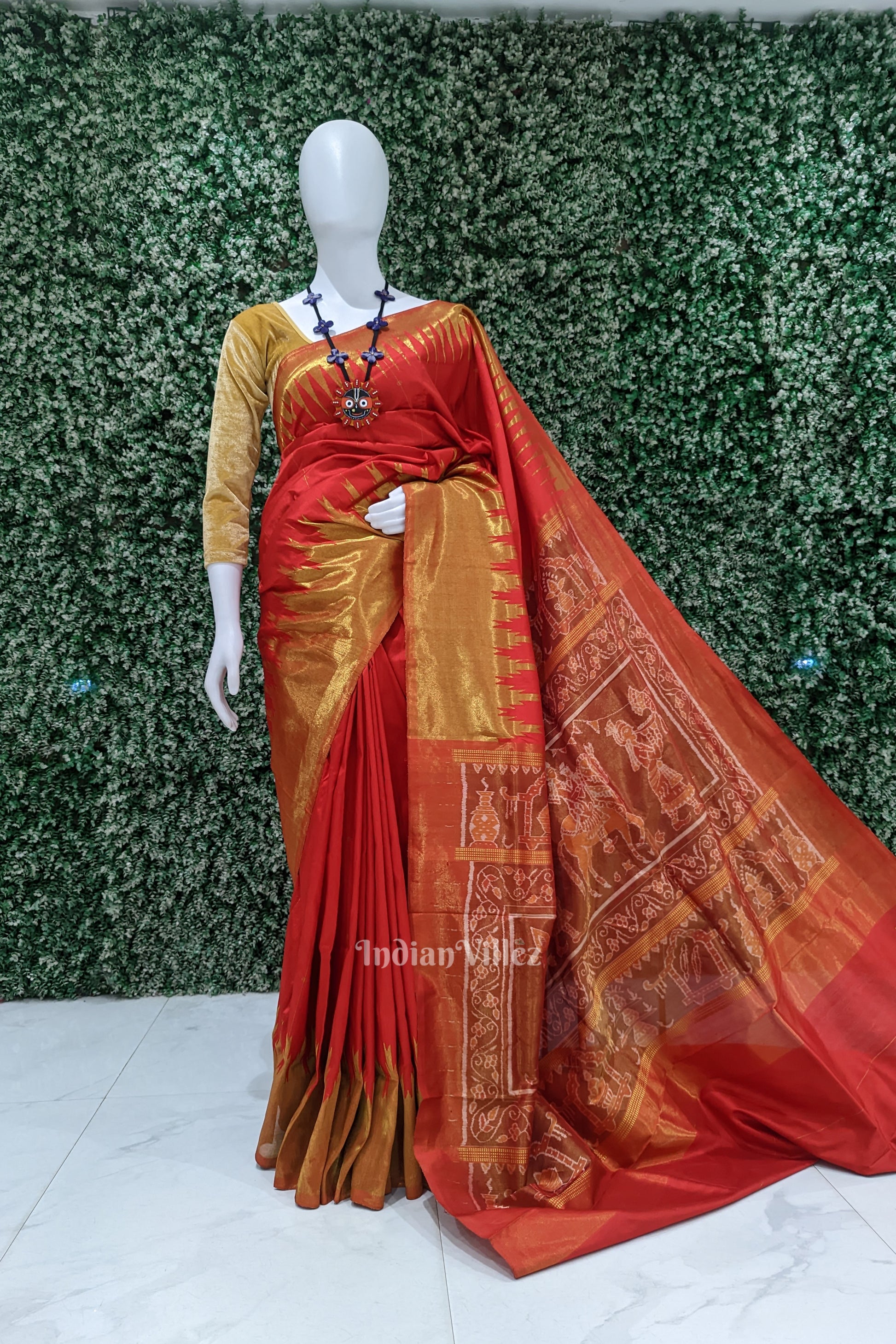 Red with Golden Zari (Tissue) Phoda Kumbha Sambalpuri Silk Saree