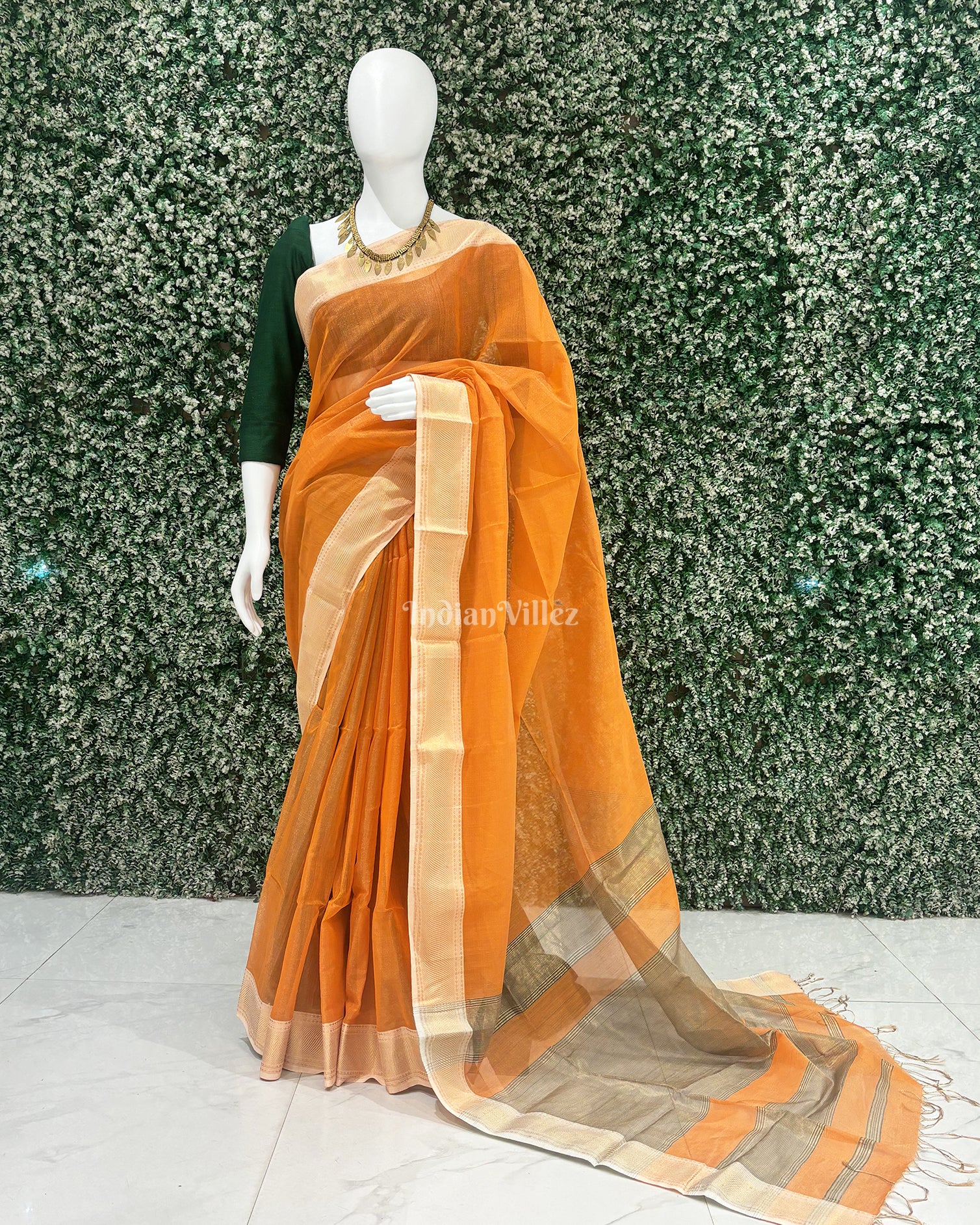 Orange Maheshwari Handloom Cotton*Silk Saree