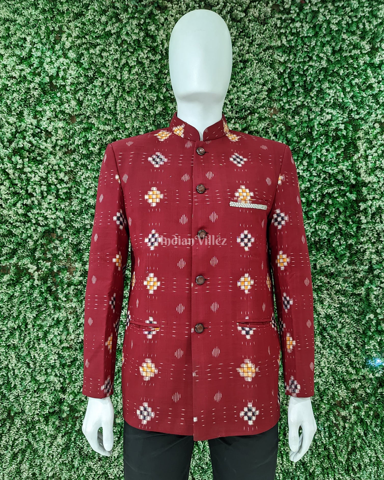 Red Jodhpuri bandhgala Odisha Ikat Casual Blazer With Pasapali Theme