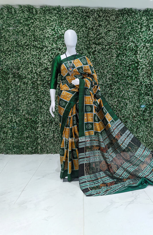 Green Golden Odisha Ikat Contemporary Silk Saree