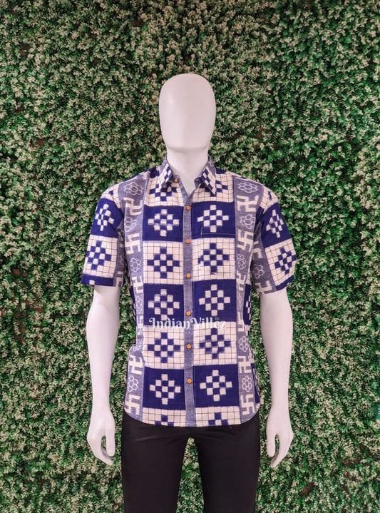 White & Blue Exclusive Cotton Ikat Half Sleeve Shirt for Men