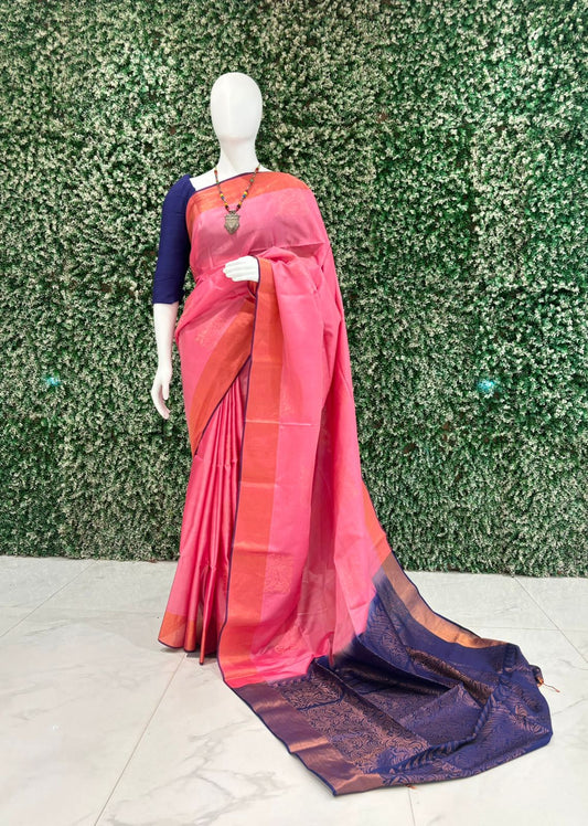 Blue Pink South Handloom Kanjivaram Soft Silk Saree