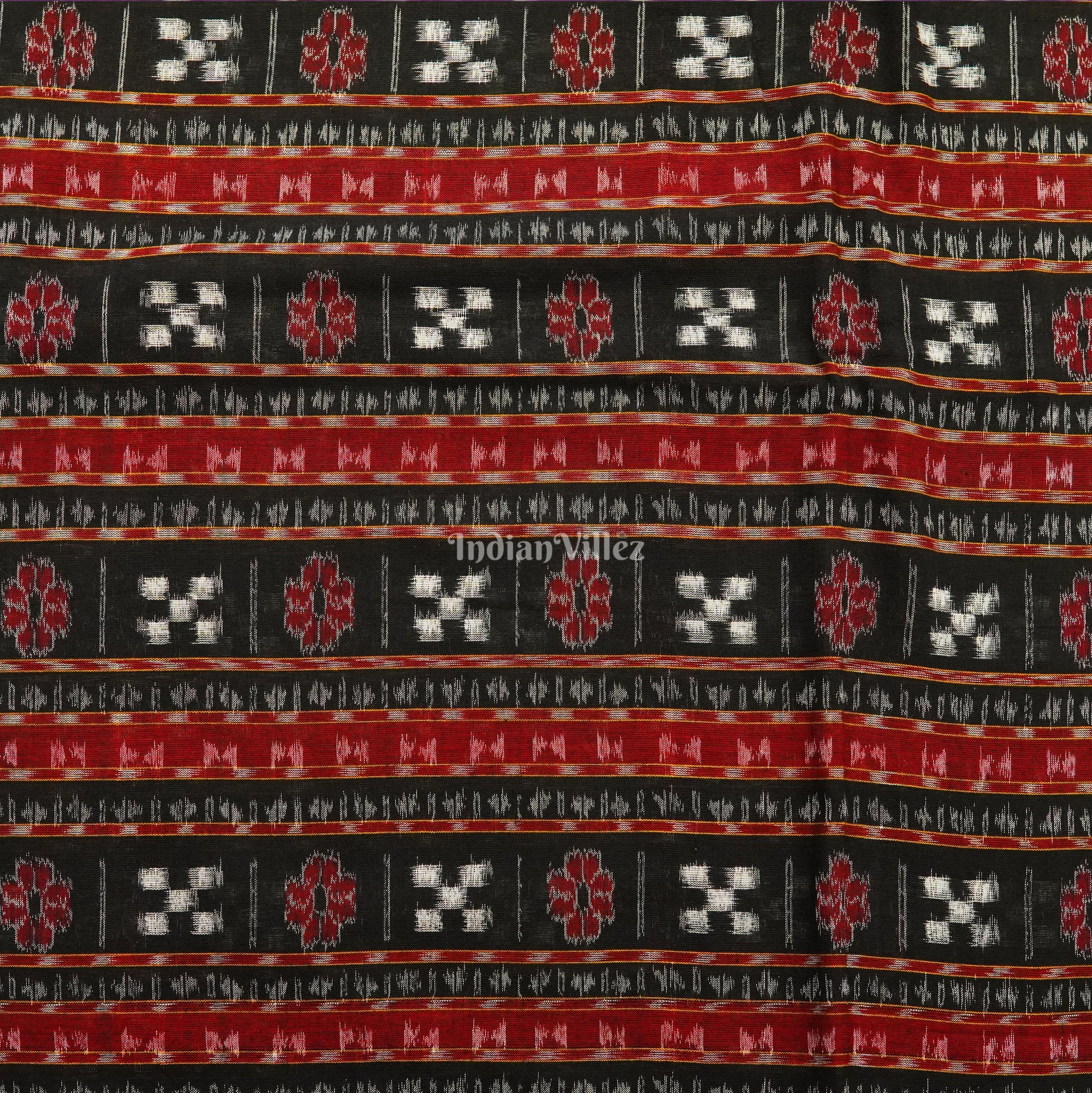 Black Red Pasapali Theme Sambalpuri Ikat Cotton Fabric