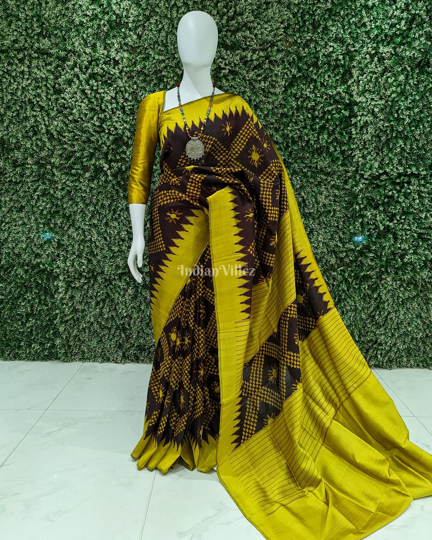 Coffee with Yellowa Odisha Ikat Contemporary Tarabali Silk Saree